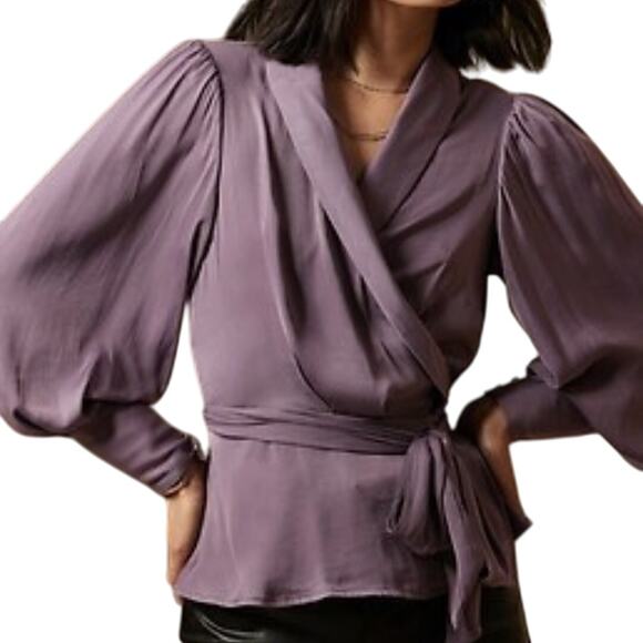 Banana Republic NWT Amethyst Purple Satin Long Sleeve Wrap V-neck Career Blouse - Picture 1 of 11